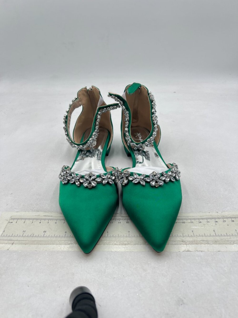 XYD Dark Green Pointed Toe Wedding Sandals Sparkly Rhinestones Ankle Strap Shoes - Picture 3 of 9